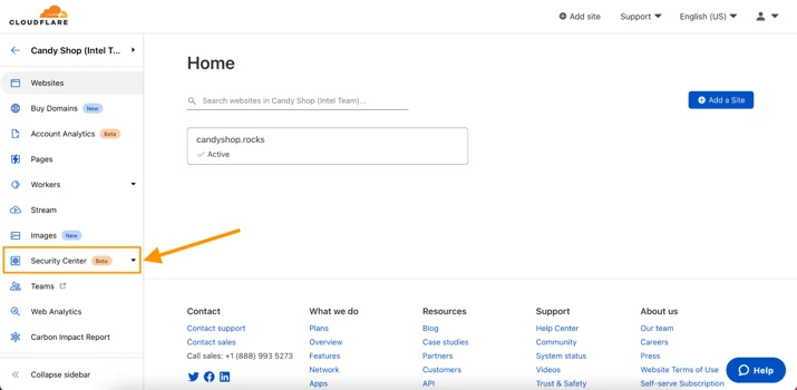 Navigate to Security Center in the Cloudflare Account Home page