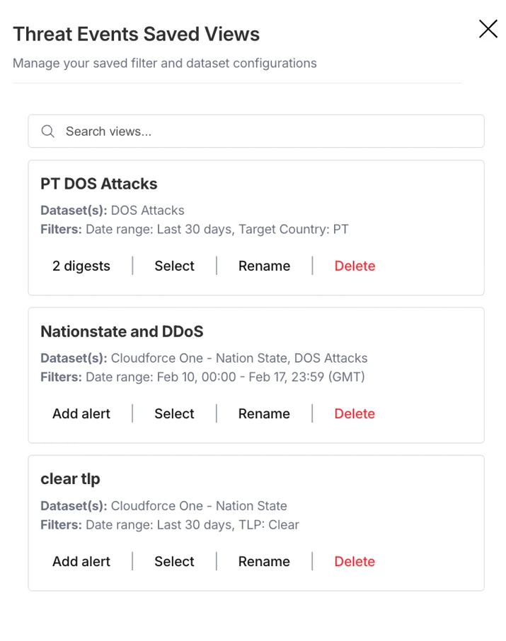 Example saved view and associated actions on the Cloudflare Threat Events Dashboard