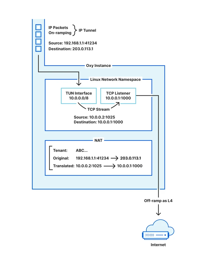 This diagram illustrates a TCP IP Flow, represented by its stream of raw IP packets, being processed to obtain a TCP stream of data. To do so, an anonymous Linux network namespace is used together with address translation.