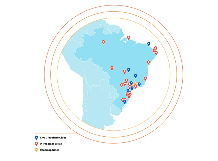 A map of Cloudflare's Brazil presences, present and future.
