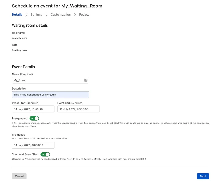 The first step in the event creation workflow–set its duration and configure an optional pre-queue.