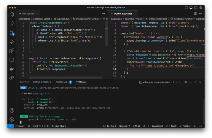running Worker unit tests using Vitest and Miniflare 3, note we’re just importing functions from our Worker, and have access to Worker’s runtime APIs in tests