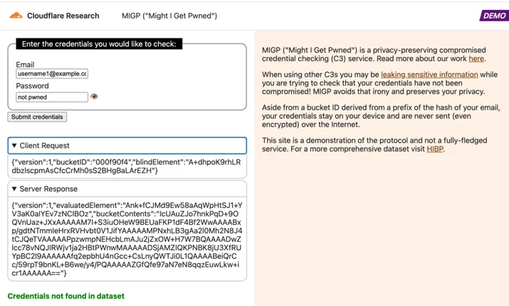 Example query in which the credentials are not found in the dataset