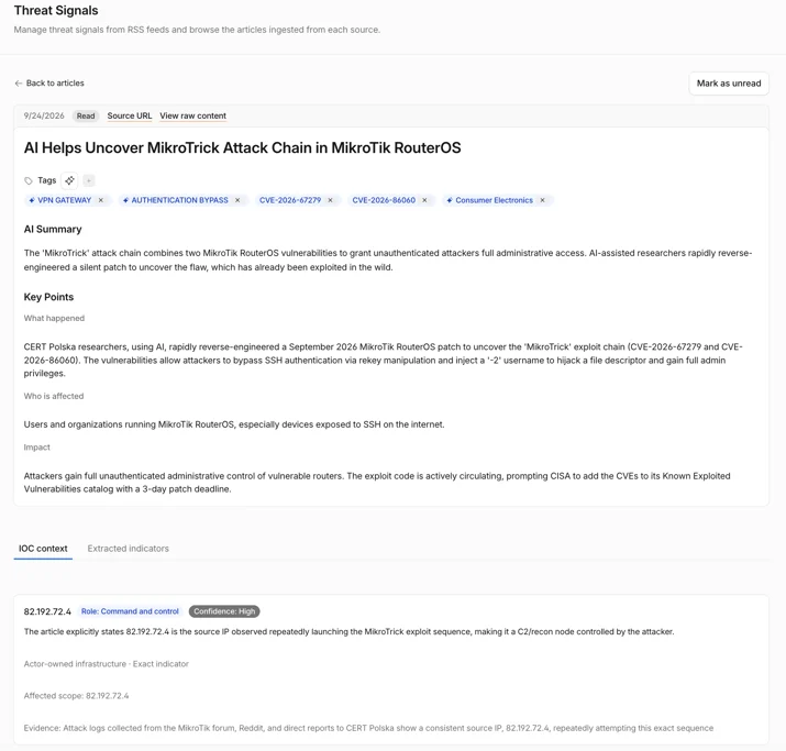 Threat Signal article summarized with key points and contextualized indicators